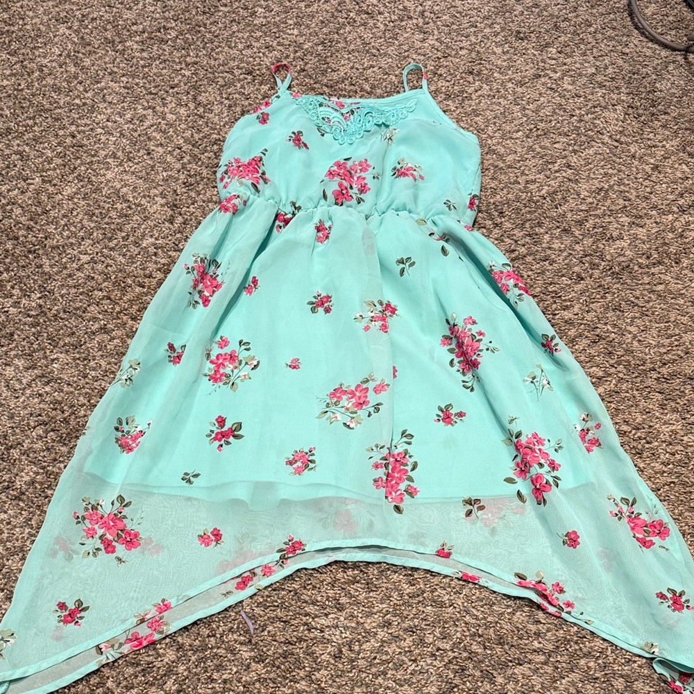 Place Floral Kids Dress in Aqua and Pink